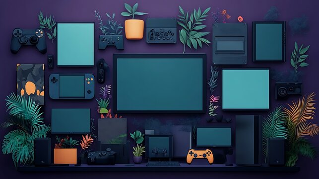 3D Render: Gaming Console & Tech Collage, Tropical Night Scene AI Generated - Powered by Adobe