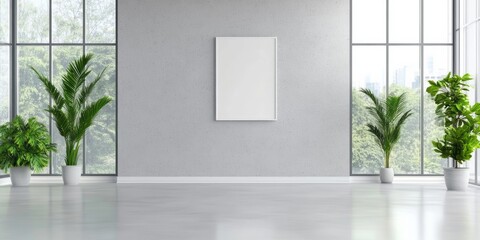 Bright modern room features plants large windows and framed poster