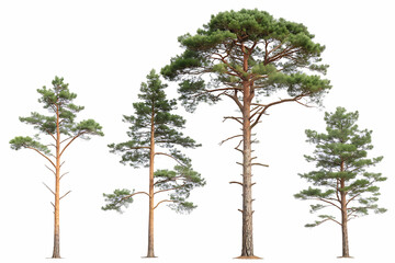 set of pinus sylvestris scotch pine spruce big tal isolated on white background, PNG.