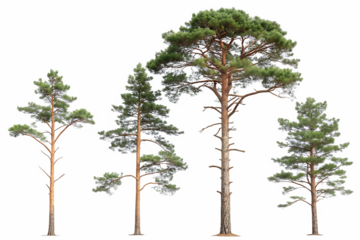 set of pinus sylvestris scotch pine spruce big tal isolated on white background, PNG.