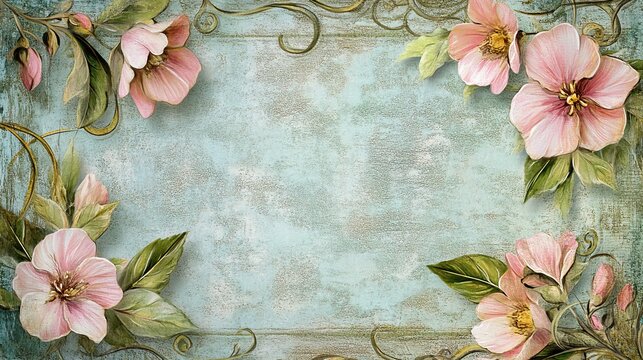 Beautiful floral frame with pink flowers and green leaves on a textured background, perfect for invitations and announcements