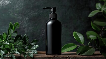 Black bottle with pump on a wooden surface beside green leaves, dark background.