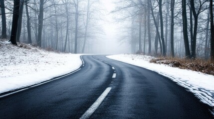 Mysterious winter road enchanted forest landscape photography foggy weather serene view nature's beauty