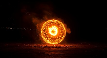 Fototapeta premium Fiery wheel glowing in the night sky with smoke backdrop 