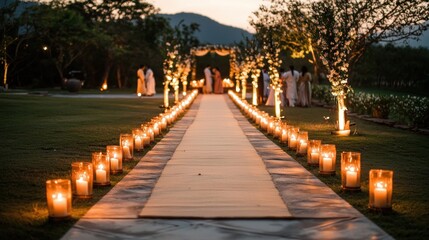 Obraz premium Romantic outdoor wedding ceremony scenic garden photography evening ambiance aisle of candles love and celebration