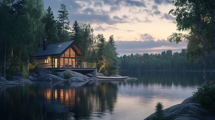 Fototapeta premium Discover serene lakeside cabins that reflect tranquility and beauty in nature. Perfect for vacation retreats or peaceful getaways by the water.