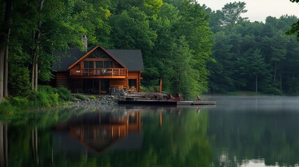 Obraz premium Discover serene lakeside cabins that reflect tranquility and beauty in nature. Perfect for vacation retreats or peaceful getaways by the water.