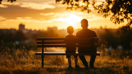 Father and son sharing a quiet moment on a park bench, silhouetted against a golden sunset, symbolizing timeless family bonds.