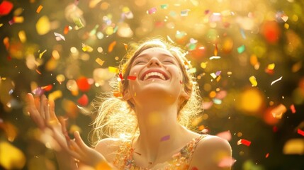 Fototapeta premium Joyful celebration outdoors with a young woman surrounded by colorful confetti in sunlight