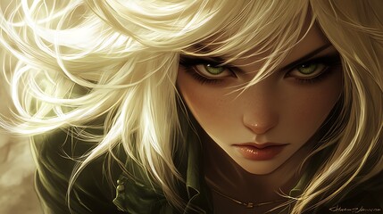Fototapeta premium Close-up portrait of a woman with intense green eyes and blond hair.