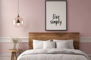 Minimalist bedroom with "Live Simply" poster, wooden headboard, and glass pendant light.