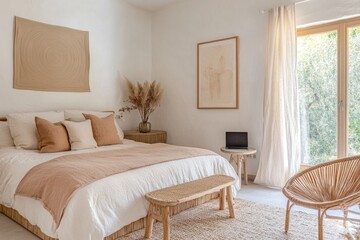 Minimalist bedroom with neutral tones, natural materials, and large windows.