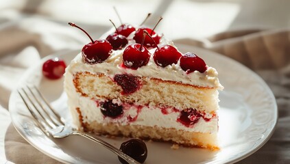 Delicious slice of cherry cake.  Layers of light and airy sponge cake, topped with a creamy white frosting and fresh cherries