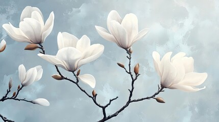 Beautiful White Magnolia Flowers Blooming Against Soft Blue Sky