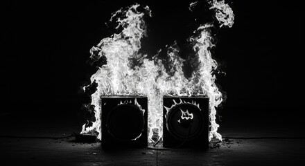 Burning Speakers Against a Dark Background  