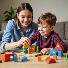 mother and son playing with blocks
