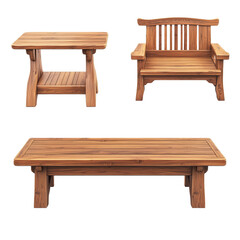 Elegant wooden furniture a chair, side table, and coffee table on a transparent backdrop, Beautiful round wooden table isolated on a transparent background