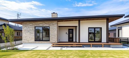 シンプルな日本の平屋住宅、戸建て住宅	
