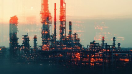 Obraz premium A creative graphic design illustrating the future of factory plants and the energy industry, with a double exposure of an oil, gas, and petrochemical refinery, highlighting the next generation of