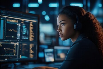 Naklejka premium A focused woman analyzing data on multiple screens, showcasing the modern technology landscape and data interpretation.