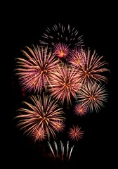 Night sky fireworks display pink gold hues. AI Generated