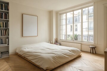 Minimalist bedroom with platform bed, large window, and herringbone floors.