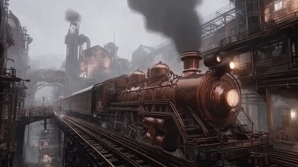 Obraz premium A vintage steam train travels through an industrial foggy landscape