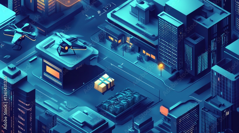 Poster futuristic cityscape with autonomous delivery drones distributing grocery bags at modern doorsteps i