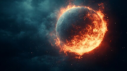A celestial body engulfed in vibrant flames against a dark background