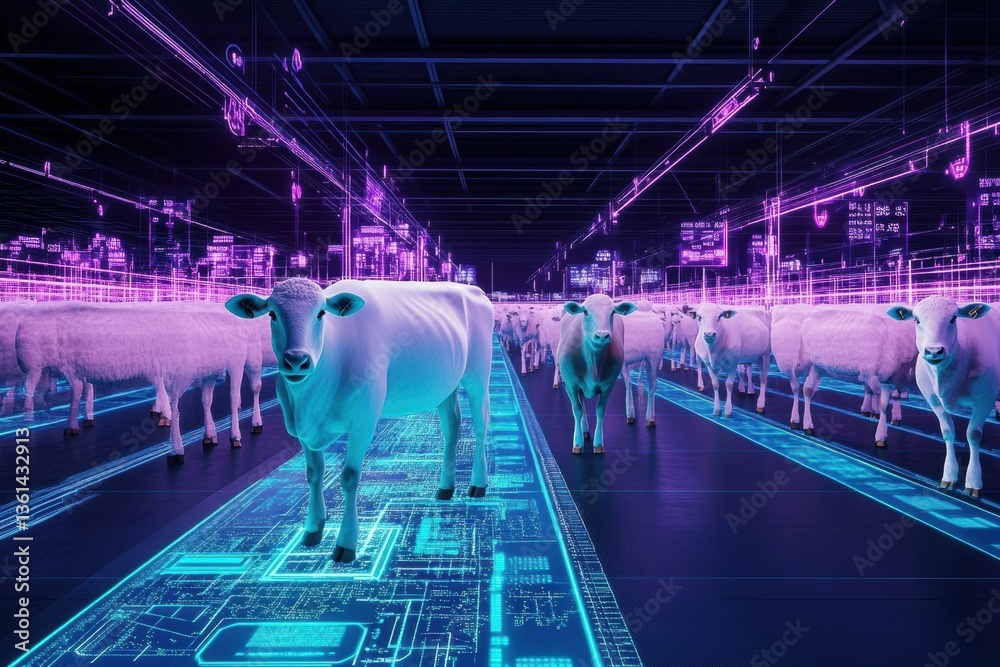 Fototapete High-tech smart farm showcasing cows and sheep with biometric sensors and glowing data displays in a futuristic environment Generative AI