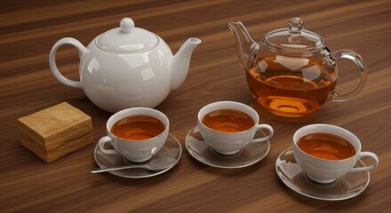 Fototapeta premium Warm Golden Hour Tea Set on Wooden Table