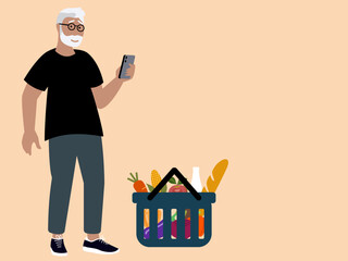 Older man with a basket of groceries checking his purchases against the shopping list in the smartphone