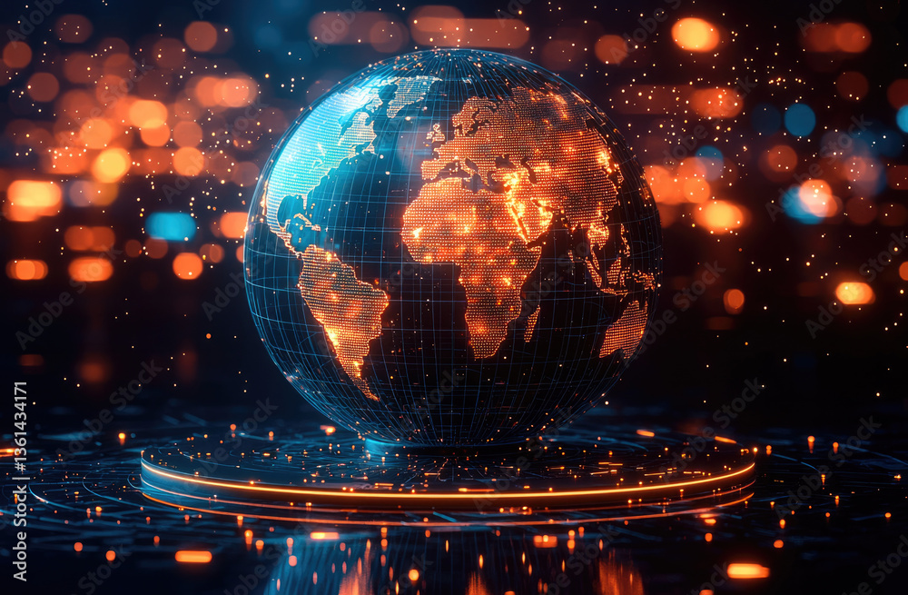 Poster stunning 3d rendering of digital globe showcasing continents illuminated in vibrant orange against d