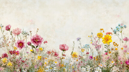 A soft, painterly still-life of assorted garden flowers including pink camellias, yellow asters