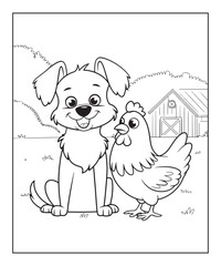 Fototapeta na wymiar Dog playing with a hen coloring page for kids, black line art vector illustration on white background 