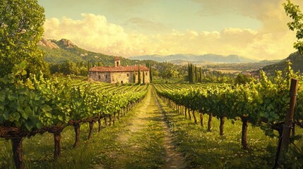 Naklejka premium Tuscan Vineyard Landscape: Serene Sunset over Rolling Hills and Vines