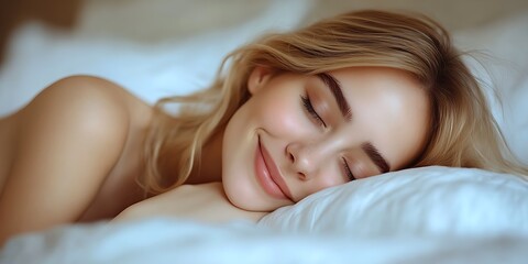Obraz premium A beautiful woman is resting peacefully on a soft white pillow