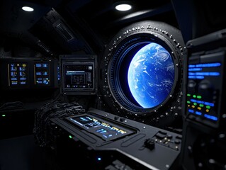 Spaceship Interior Observation Deck View of Earth Orbit Technological Exploration and Futuristic Vision
