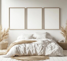 Minimalist bedroom with three empty frames, pampas grass, and white bedding.