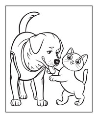Fototapeta premium Dog playing with a cat coloring page for kids, black line art vector illustration on white background 