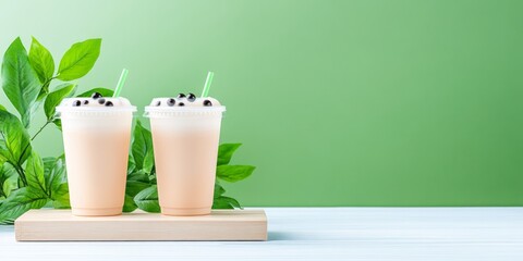 Two cups of bubble tea adorn a light colored wooden base