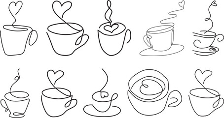 Continuous Line Art Coffee Cups with Heart-Shaped Steam – Minimalist Vector Illustration for Café Logos, Prints, and Modern Designs

