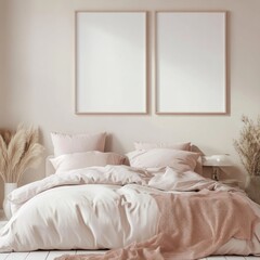 Minimalist bedroom with two blank frames above a bed.