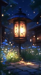 Illuminated Lantern in a Dreamy Garden at Night with Glowing Flowers