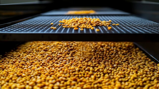 Corn Kernels Flowing Through Industrial Sifter in Food Production Plant Processing Equipment