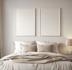 Minimalist bedroom with two blank frames above beige bedding.