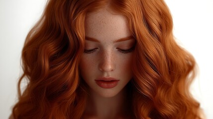 Fototapeta premium Close-up portrait of a young woman with long, curly, red hair and freckles, eyes closed.