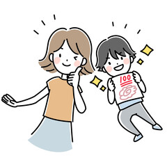 100点がとれて喜ぶ親子のイラスト