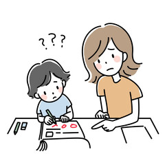 家庭学習で問題に悩む親子のイラスト