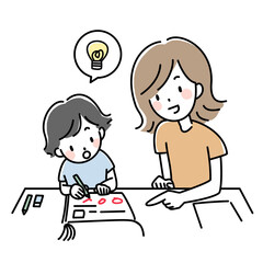 家庭学習でドリルに取り組む親子のイラスト